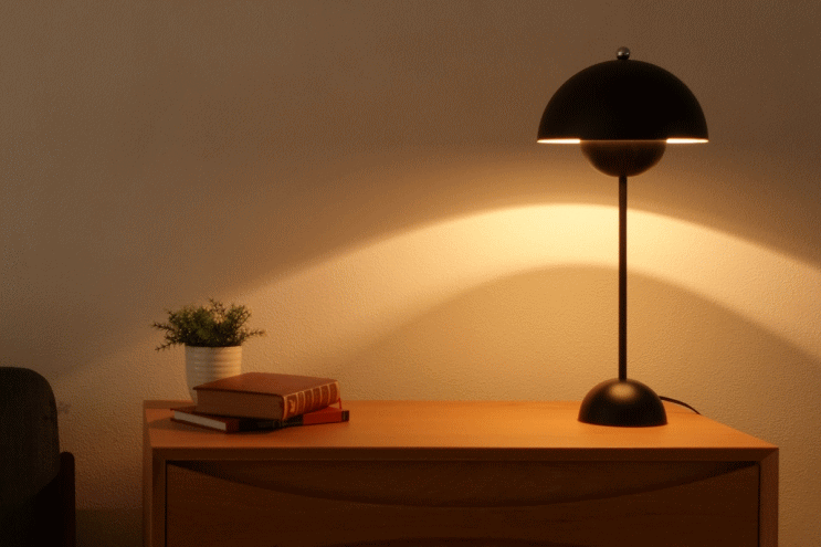 ヴェルナー・パントンがデザインしたフラワーポットテーブルランプを点灯